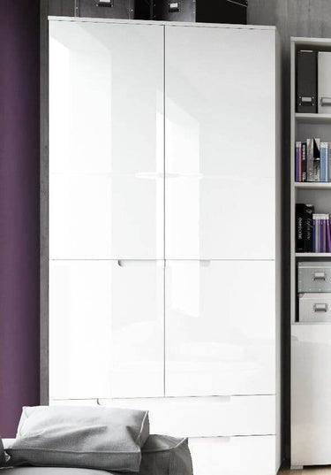 Santino White High Gloss Two-Door, Two-Drawer Wardrobe: Modern Storage Solution - UK Luxury Furniture
